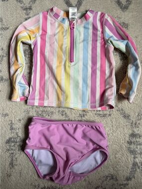 Ruffle Butts Pastel Rainbow Stripe Long Sleeve Rash Guard Set 2T
